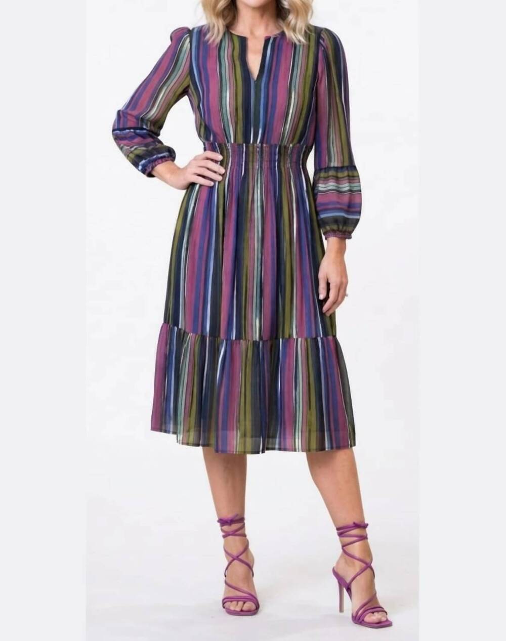 NEW LONDON TIMES stripe midi dress in navy multi